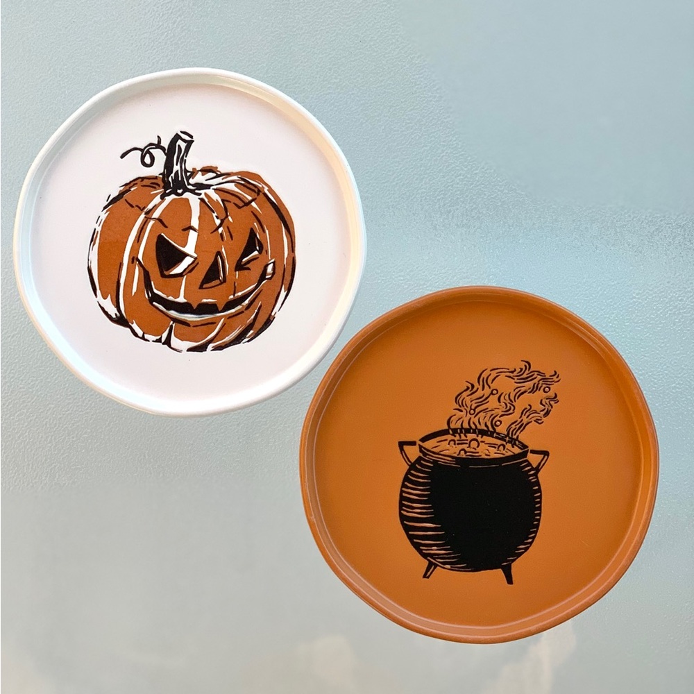 Halloween Stoneware Jack-O-Lantern and Cauldron Appetizer Plates ~ Set of 2